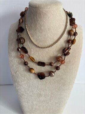 Layered Brown Glass Bead Necklace Set Topaz Rhinestone Choker Autumn Boho